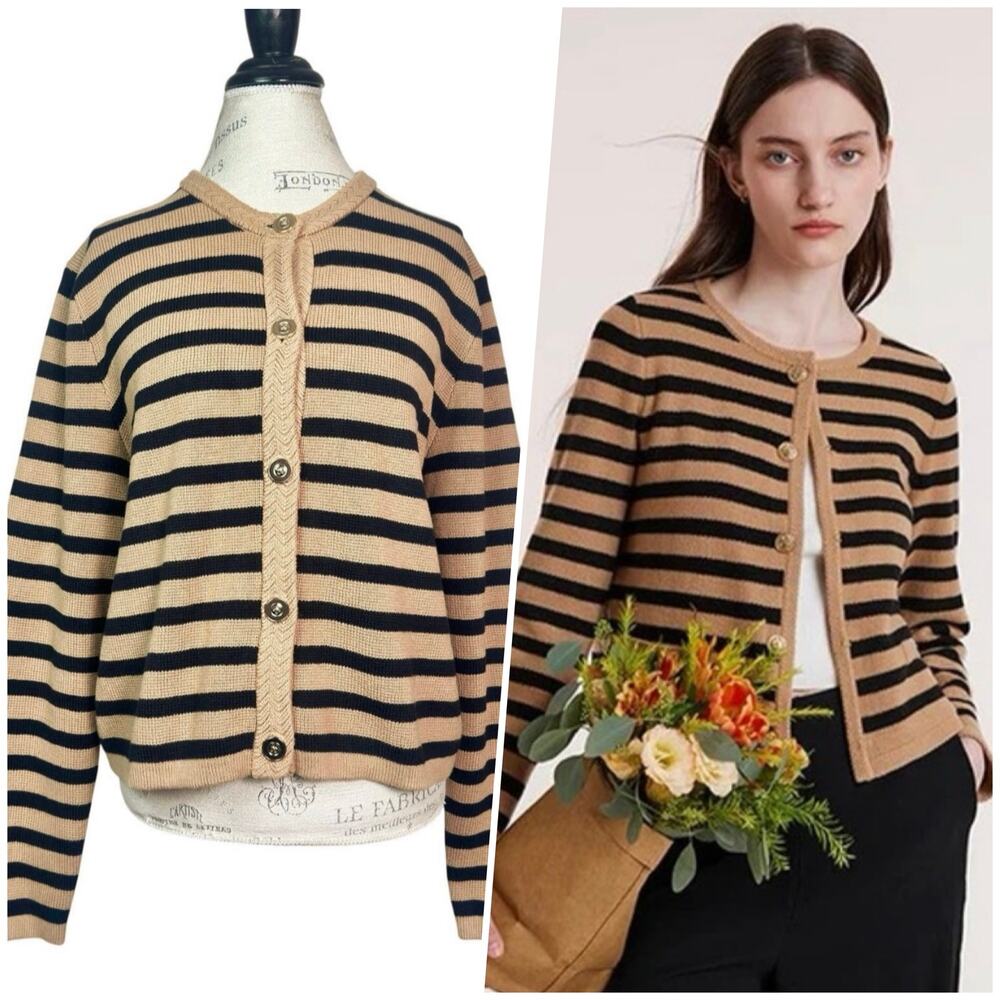 J. Crew Factory | Women | Tan Black Stripe Cotton Lady Cardigan Sweater | Sz XL